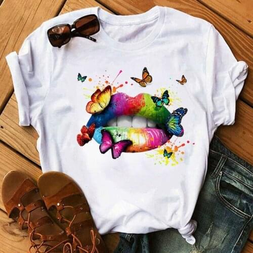 Butterfly Colorful Lips Printed T Shirt Fashion Women T Shirt Female Harajuku Cute Graphic Tee Shirt Women Summer T-shirt Tops