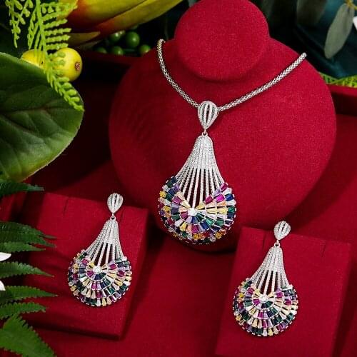 Missvikki New Design Luxury Dubai 2PCS Big Shiny Round Pendant Earring Necklace Jewelry Set Super CZ Bridal Wedding Accessories