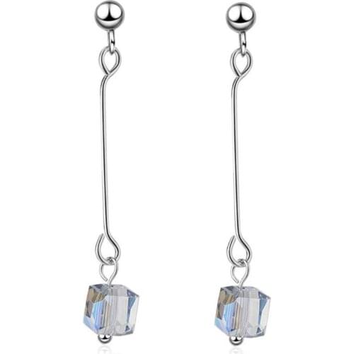 Personality New Fashion Long Crystal 925 Sterling Silver Jewelry Beautiful Square Flash Dangle Earrings SE618