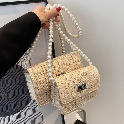 Pearl strap Bali Bag Hand Woven Bolsa Feminina Square Bag Buckle Rattan Straw Bags Satchel Wind Bohemia Beach Bolsa Wicker Bag