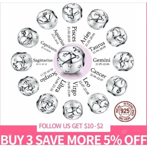 Qikaola Genuine 925Silver 12 Constellation Zodiac Round Beads Fit Original Pandora Bracelet Charms Jewelry CMC1218