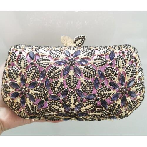 Luxury Gold Metal Big Purple Rhinestone Clutch Designer Diamond Evening Bag Handbag Flower Women Wedding Party Prom Phone Purses