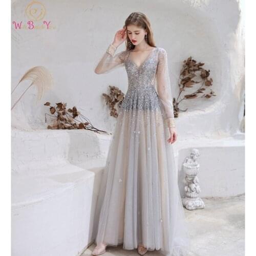 Gray Formal Dresses 2021 Prom Beading Rhinestone V Neck Full Sleeve Long Sweep Train Luxury Evening Gowns Party Women Celebrity