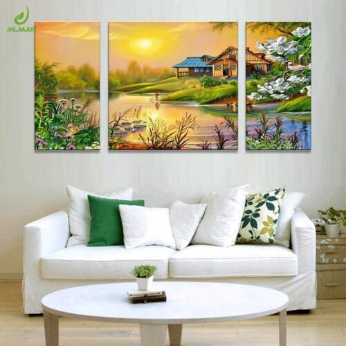 JHLJIAJUN Nordic Triptych Rural Scenery Canvas Painting Modular Oil Wall Art Posters And Prints For Living Room Home Decor