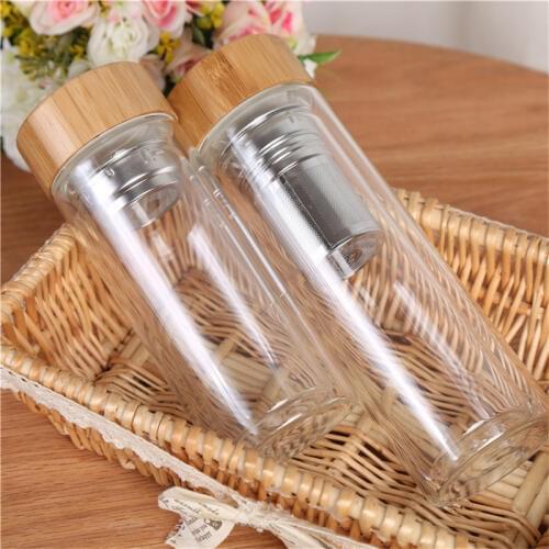 20pcs 350ml/450ml Bamboo lid Double Walled glass tea tumbler. Includes strainer and infuser basket LX0121