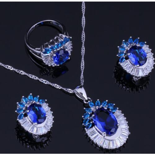 Glowing Flower Blue Cubic Zirconia White CZ Silver Plated Jewelry Sets Earrings Pendant Chain Ring V1003