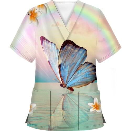 Butterfly Nurse Uniform Scrubs Womens Fashion Short Sleeve Butterfly V-neck Double Pockets Nurse Tops Uniforme Enfermera