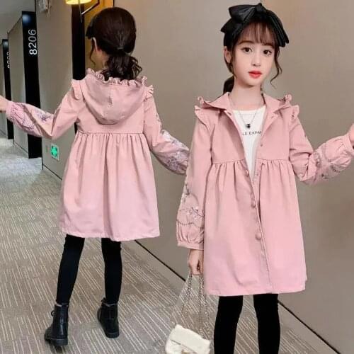Spring Autumn Blue Pink Color Long Jackets for Girls Teenager Fashion Kids Hooded Windbreaker Outerwear Children Baby Trench Top