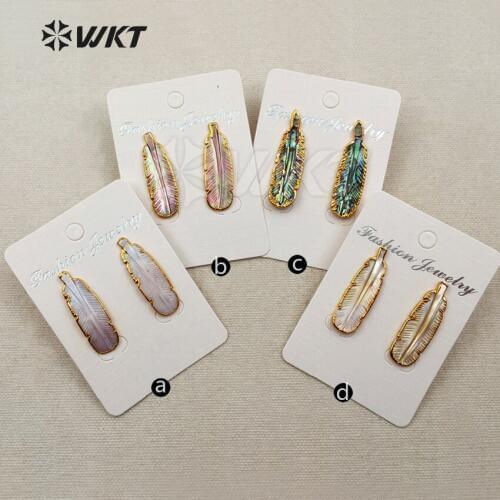 WT-E355 Wholesale fashion jewelry natural abalone shell stud earrings with 24K gold trim feather shape jewelry for women
