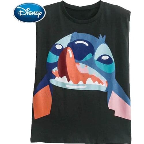 Disney T-Shirt Vintage Sleeveless Shoulder Pad Stitch Little Monster Cartoon Print Harajuku Women T-Shirt O-Neck Tee Top Female