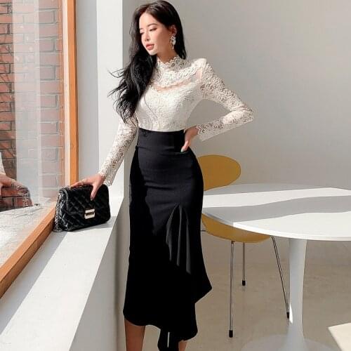 New arrival fashion spring set women OL temperament white sexy perspective lace shirt and black midi ruffle skirt two piece set