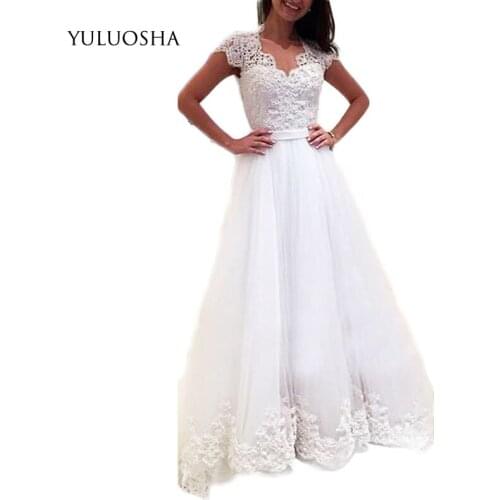 YULUOSHA 2020 Elegant Lace A-Line Wedding Dresses Sleeveless Illusion Deep V-neck Cheap Formal Dresses Vestidos De Novia