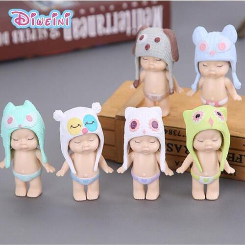 1pc Sleeping Doll Figure Hat Angel Baby Miniature Figurine Girls mini models Cartoon Anime Figures Toys Pretend House Washable