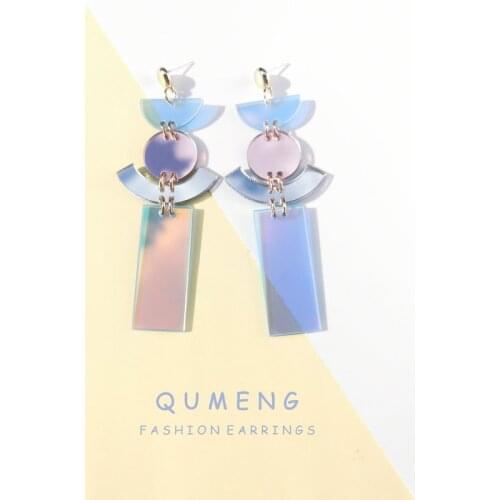 QUMENG 2020 Minimalist Reflective geometric Acrylic Earrings For Women Fashion drop dangle Small face thin Earrings Jewelry
