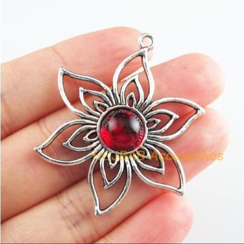 5 New Star Charms Red Glaze Flower Pendants Tibetan Silver Tone 37.5x47mm