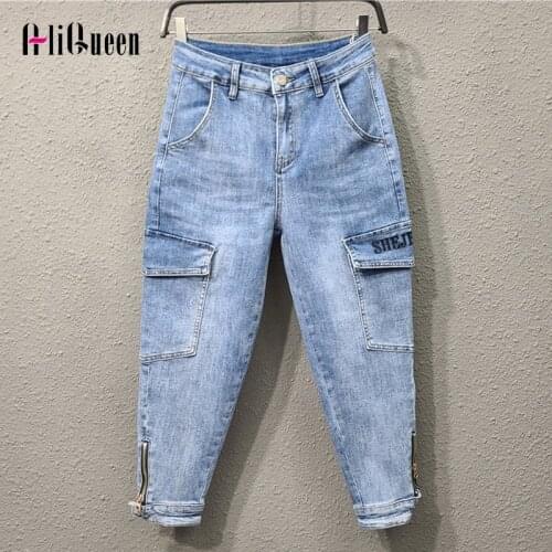 Spring Autumn Streetwear Women Fashion Vintage Loose Cropped Tie Feet Pants Pocket Ankle Zipper Midi Waisted Blue Tooling Jeans