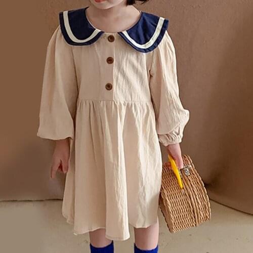 2021 New College Style Girls Dress Navy Collar Long Sleeve Childrens Dress Cute Cotton Autumn Korean Dress Girl Clothes