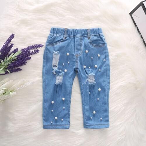 Girls Jean Fashion Kids Baby Elastic Waist Hole Ripped Jeans Peal Denim Pant Trouser Clothes for 2-7 Years