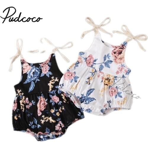 Infant Newborn Baby Girl’s Casual Suspender Jumpsuits Fashion Flower Print Round Neck Bow Lace-Up Triangle Romper