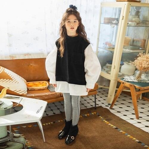 4 To 14 Years Kids and Teen Girls Korean Fake Two-Piece Shirt and Base Pants Set 2021 New Children Casual Spring Clothing, #1192