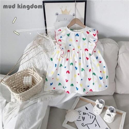 Mudkingdom Cute Girl Heart Sleeveless Dress Crew Neck Print Button Summer Fairy Princess Dresses for Little Girls Casual Clothes