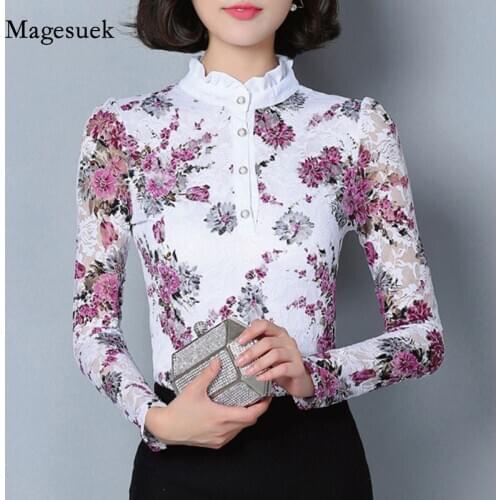 Fashion Slim Printed Shirt Long-sleeve Female Lace Tops New 2020 Women Brand Shirt Women Lace Blouse Plus Size 4XL Blusa 36i 25