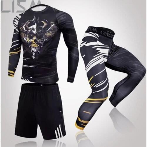 MMA 3-Piece Mens Workout Sportswear Gym Fitness Compression Clothing Running Jogging Sportswear Sports Protective Leggings Set