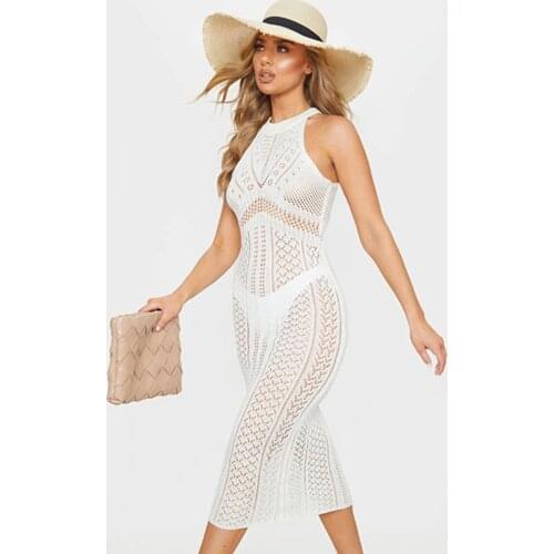 2021 New Sexy Hollow Knitted Beach Dress Sleeveless See-Through Holiday Long Skirt Bikini Cover Up Summer Beach Wear Swim Lady