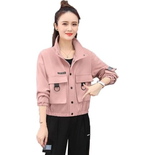 New 2021 Womens Jacket Mid Long Spring Autumn Female Chic Short Outerwear Receive Waist Big Pocket Ladies Tooling Coats R168