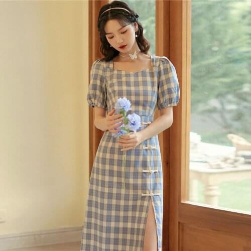 Sexy Women Plaid Split Cheongsam Slim Handmade Button Chinese Dress Ladies Vintage Evening Party Qipao Vestidos Noble Gowns XXL