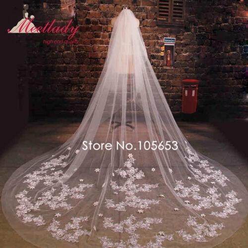 Simple Cathedral Train 3m Lace Wedding Veil With Comb One Layer Beaded Sequin Flowers Bridal Veil Wedding Accessories RC16