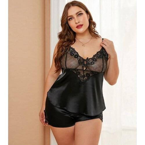 Plus Size Floral Lace Satin Cami Pajama Sets for Woman Summer Sexy Sleep Set Tops and Shorts Suit Female Sleepwear XL-5XL