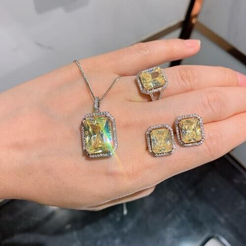 Luxury 100% Solid 925 Sterling Silver Simulation Citrine Gemstone Pendant/Necklace/Earrings/Ring Fine Jewelry Set for Women