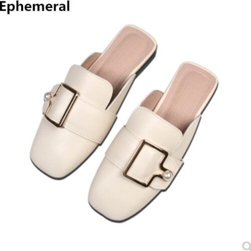 Ladies Closed Toe Slippers With Buckle No Heel Microfiber Slides Summer Outdoor Comfortable Flat Shoes Plus Size 44 34 40 Brown
