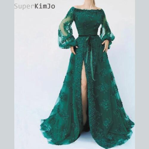 SuperKimJo 2020 3D Flowers Prom Dresses Elegant Lace Applique Long Sleeve Elegant Prom Gown Vestido Formatura