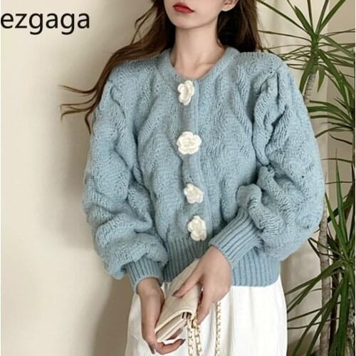 Ezgaga Croppedsweater Women Korean Outwear Winter Spring Tender Flower Button Warm Knitted Cardigan Sweet Chic Fashion Tops