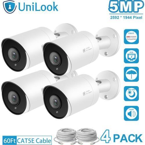 UnilLook 5MP Bullet IP Camera 4PCS Onvif POE Built-in Microphone SD Card Slot IR 30m Security Camera Outdoor IP 66 H.265 ONVIF