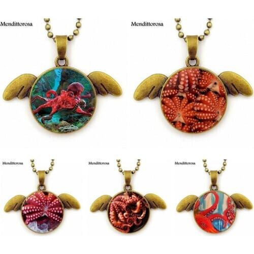 Vintage Cabochon Bronze Angel Wings Pendant Long Chain Colorful Collar Necklace For Women Men Party Red Octopus