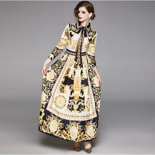 High Quality Women Dress New Style Lapel Long Sleeve Printed Fashion Casual Polyester A-LINE Summer Turn-down Collar Empire