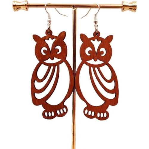 High Quality Retro Antique Funny Hollow Korean Wood Wooden Drop Earrings Owl Mandala Petal OM Map Style Women Gift AF001-014