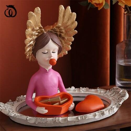 WU CHEN LONG Luxurious Blow Bubbles Antlers Wings Girl Art Sculpture Figure Storage Tray Statue Resin Craft Home Decor R6770