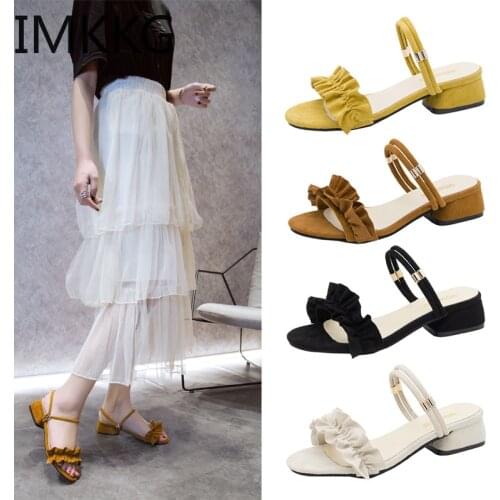 2019 summer square heels women shoes woman open toe pleated fashion slides yellow woman sandals zapatos de mujer A00218