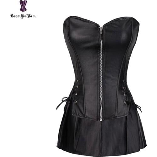 Womens Faux Leather Zipper Front Boned Bustier Corset Dress Plus Size Corsets Top With Skirt For Party 829