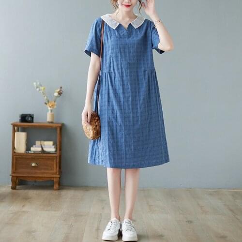 Women Summer Cotton Casual Dress New Arrival 2021 Simple Style Vintage Peter Pan Collar Loose Female Knee-length Dresses B784