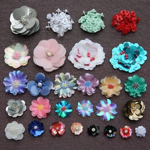 10Pcs/Lot Decorative Handmade Sequin Beads Flower Applique Patches ,Hair Clip,Bags,Brooch,Clothes Sew on,Glue on DIY Accessories