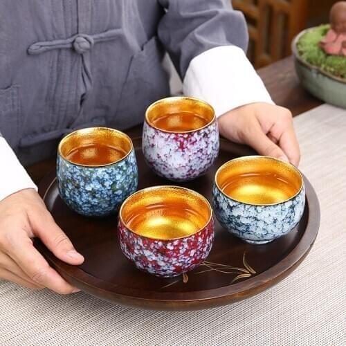 24k Gold Tea Cup Ceramic Tea Bowl Handmade Vintage Teacup Chinese Kung Fu Teaware Puer Cups Creative Crafts Collection Decor