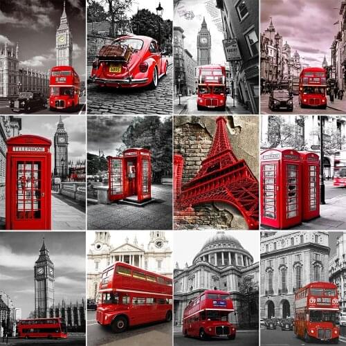5D Diamond Painting Full Square / Round City Landscape European Retro Telephone Booth DIY Bead Embroidery Sales Car Cross Stitch