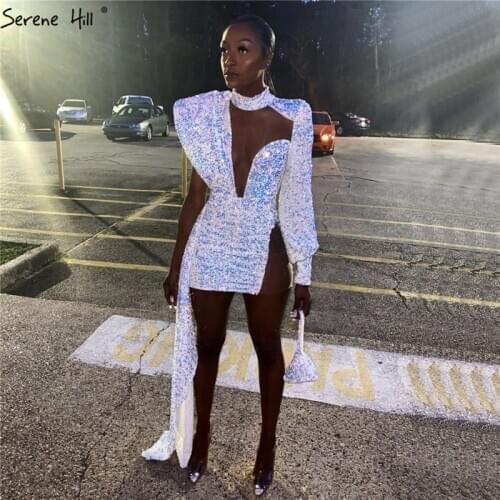 White One Shoulder Mini Sexy Prom Dresses 2020 Sequins Sparkle Above Knee Party Dress Serene Hill LA70450