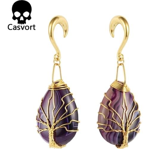 Casvort new arrival irregular natural stone ear plugs dangle ear tunnel stainless steel gold ear weight hook body piercing