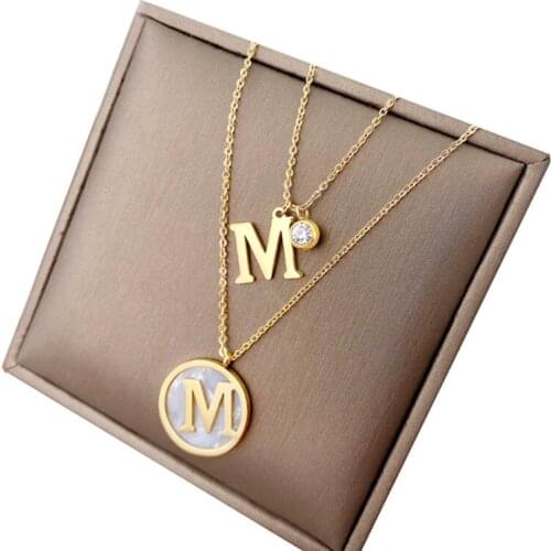 316L Stainless Steel Double Layered Necklace with Letter M Simple and Elegant Shell Titanium Steel Necklace No Fade